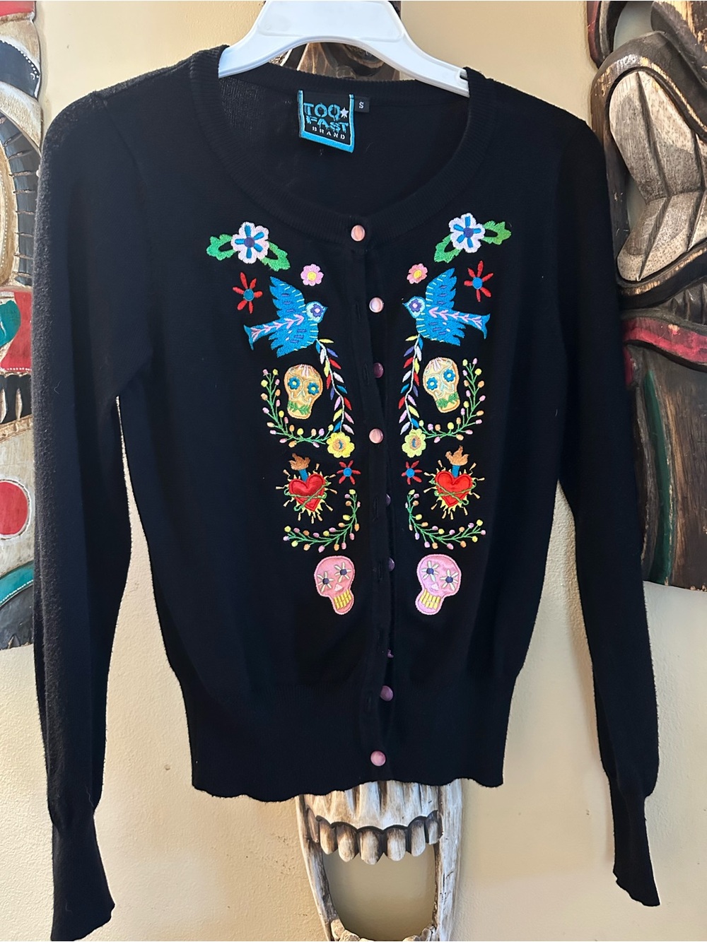 Too Fast Black Cardigan with Multicolor Day of the Dead Embroidery